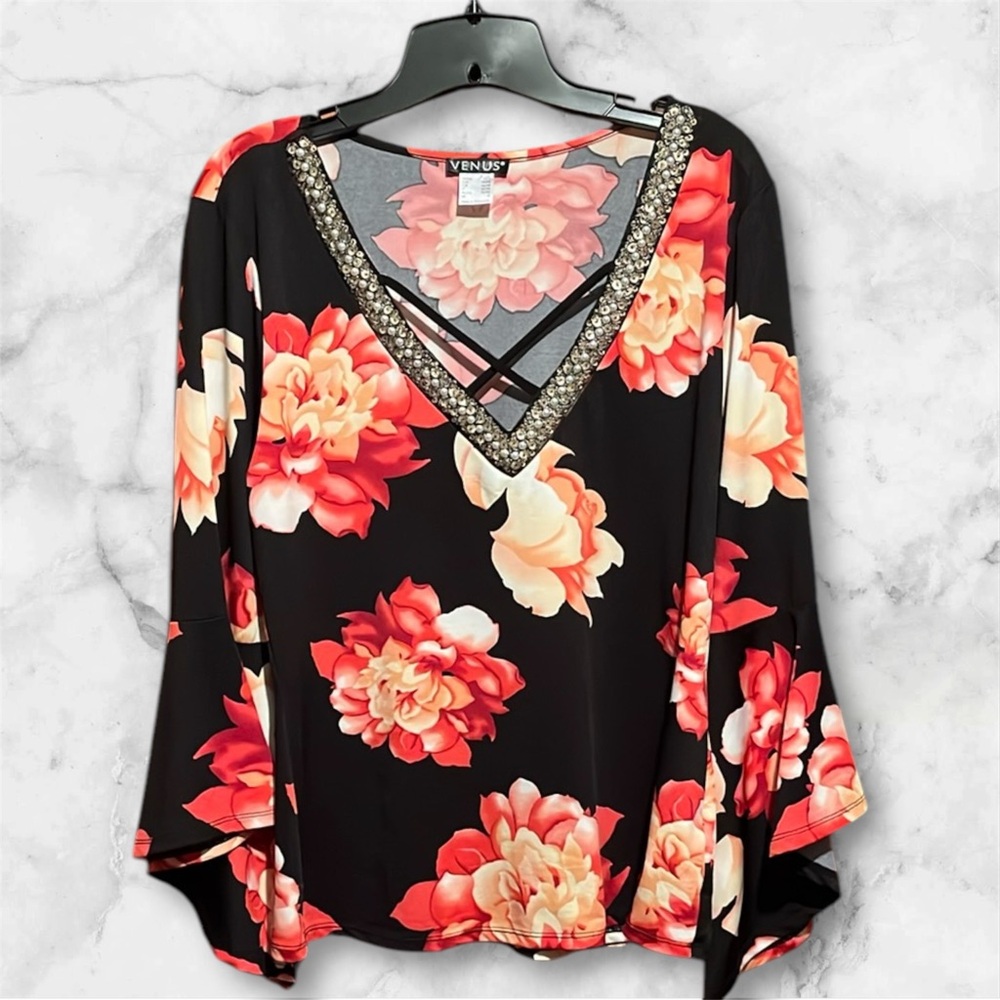 VENUS Black Floral Women's V-neck beaded bohemian sleeves criss cross front top